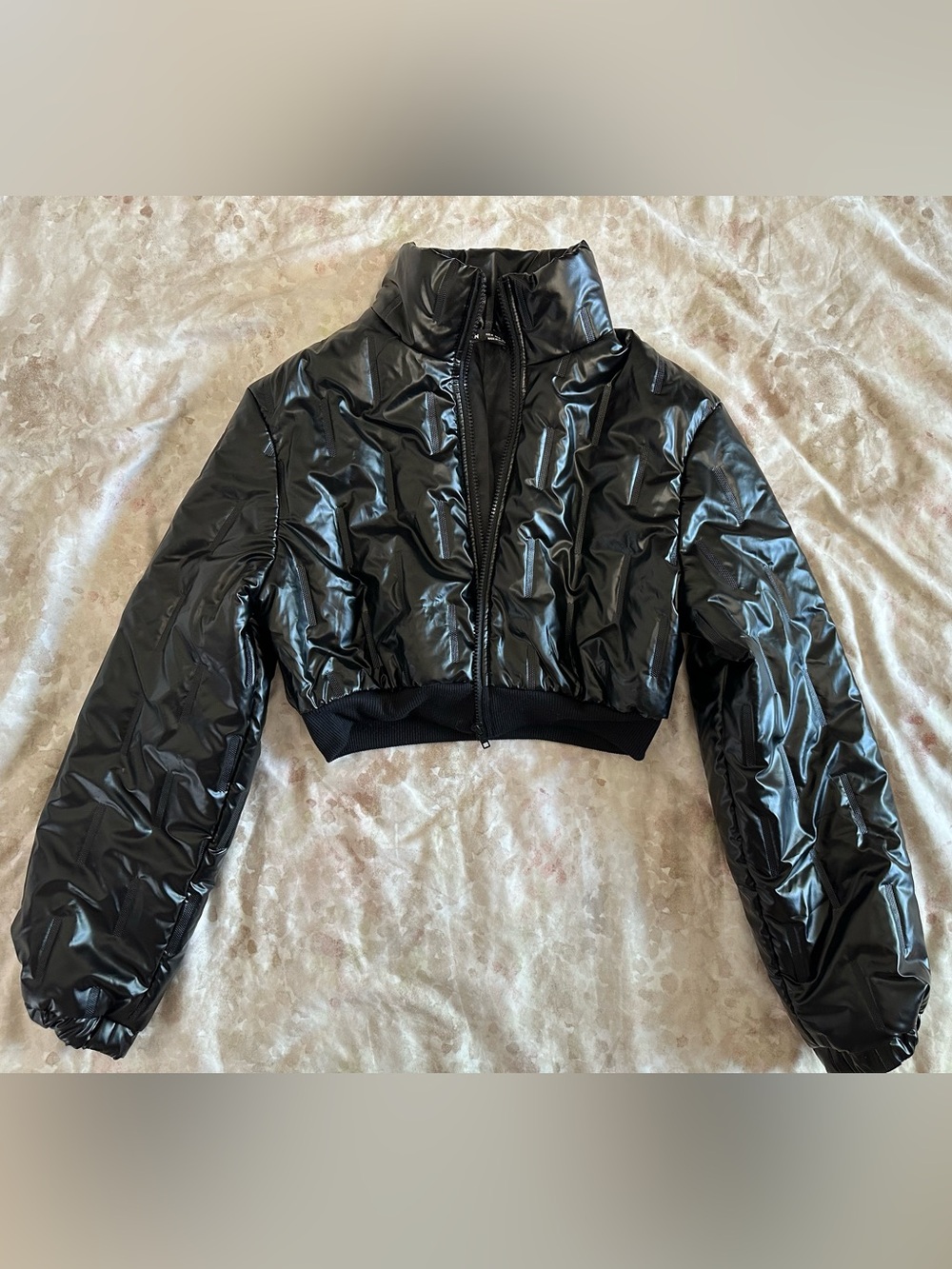 SHEIN Black Glossy Cropped Bomber Jacket